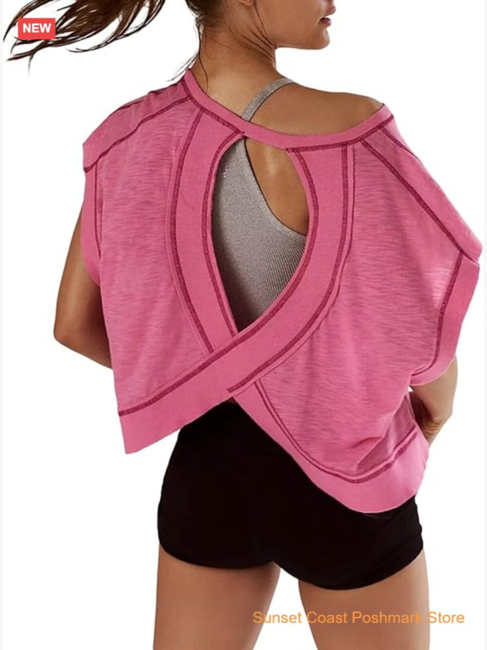 Women Short Sleeve Open Back Crop Top Y2K Workout Athletic Gym Tee
